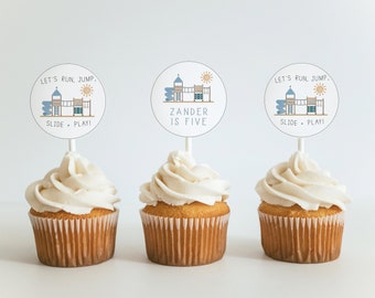 Playground Cupcake Toppers Template | Editable Park Printable Birthday Party Cupcake Decor | Run Jump Slide and Play S273