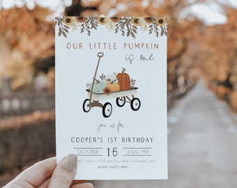 Boy Little Pumpkin Birthday Invitation Template | Fall 1st Birthday Editable Invite | Our Little Pumpkin is One S321