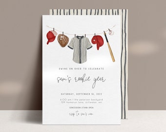 Baseball Birthday Invitation Template | Our Little Rookie is One First Bday Editable Printable Invite Rookie Year S251