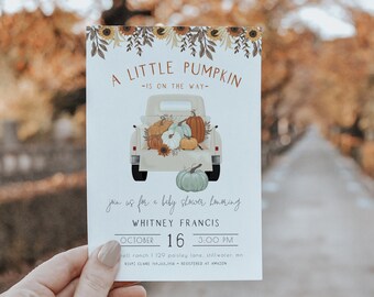 Boy Pumpkin Baby Shower Invitation | Truck Boy Fall Baby Shower Editable Invite  Template | A Little Pumpkin is on his Way S322