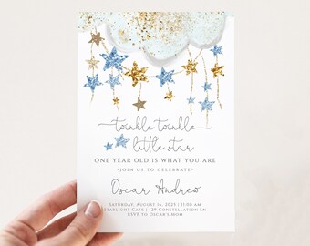 Twinkle Twinkle 1. Geburtstagseinladung für Jungen | Bearbeitbare Little Star Invite Vorlage | Ein Jahr alt ist was du bist Erster Geburtstag S504