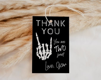 Born Two Rock Thank You Favor Tag Template | Editable Rock N Roll Second Birthday Gift Tag Skeleton Rock Hand S605