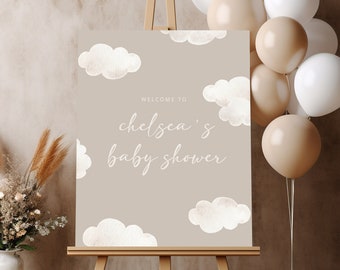 Cloud 9 Welcome Sign Template | Editable We're on Cloud Nine Gender Neutral Baby Shower Printable Welcome Decor | Beige Cloud  S523