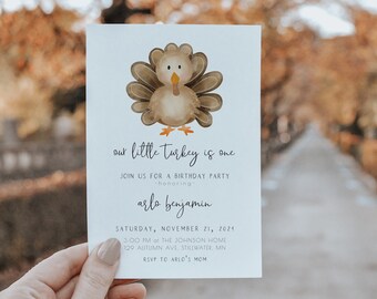 Our Little Turkey Boy 1st Birthday Invitation | Our Little Turkey is One Fall Thanksgiving Bday Editable Invite Template S337