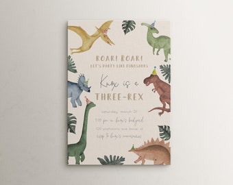 Editable Dinosaur 3rd Birthday Invitation Template | I'm a Three Rex Boy Birthday Party Invite | Roar Roar 3-Rex Muted Dino Third Bday S599