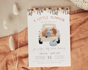 May include: Baby shower invitation with a watercolor illustration of a vintage truck carrying pumpkins. The text reads "A Little Pumpkin is on the Way" with event details. The design features sunflowers and a rustic theme.