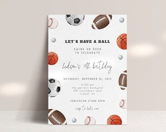 Birthday Invitation for Boy Editable Template | Let's Have a Ball Basketball Football Baseball Soccer Bday All Star Printable Invite S410