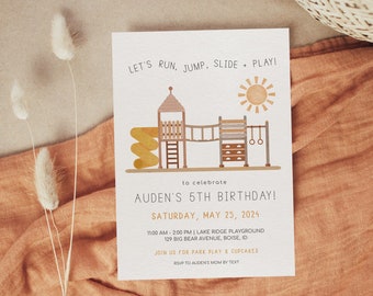 Playground Birthday Invitation Template | Muted Orange Park Joint Bday Party Editable Invite | Outdoor Bday Run Jump Slide Play