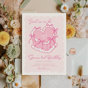Girl 3rd Birthday Invitation Template | Editable Sweet to be Three Pink Third Birthday Cake Invitation S795