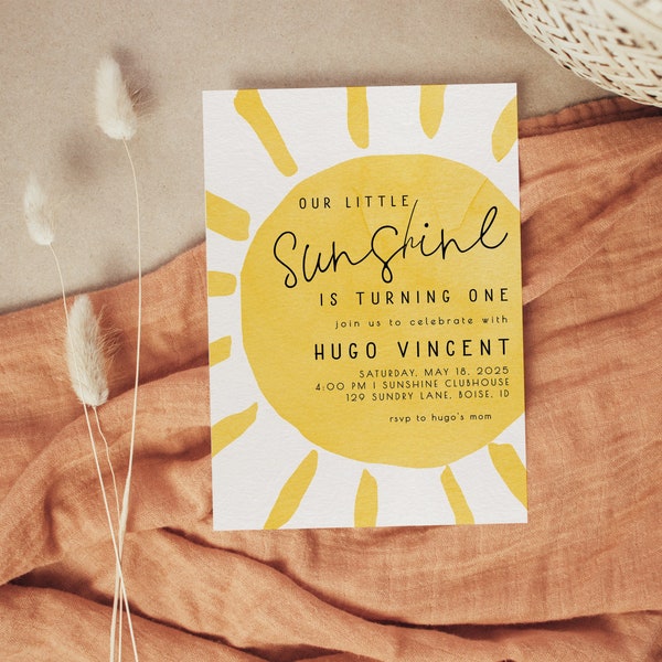 Editable Sunshine 1st Birthday Invitation | Yellow Our Little Sunshine is One Template First Birthday Invite Sun S277