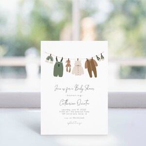 Groene bewerkbare babyshoweruitnodiging | Genderneutrale waslijn sjabloon voor babystrooisel uitnodiging S191