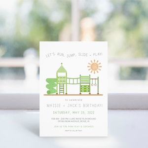 Green Playground Birthday Invitation | Joint Birthday Park Bday Party Invite Editable Template | Outdoor Bday Invite Run Jump Slide Play