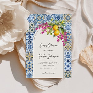 Editable Mediterranean Baby Shower Invitation Template | Blue Tile Baby Shower Invite | Almafi Coast Lemon Italian Invite S509