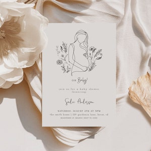 Edytowalny szablon zaproszenia na baby bump shower | Eleganckie zaproszenie z sylwetką brzucha w ciąży | Neutralny pod względem płci zarys sztuki ciążowej S639