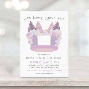 Purple Bounce House Birthday Invitation | Girl Bounce, Jump and Play Outdoor Lavender Bouncy Castle Bday Party Invite Editable Template