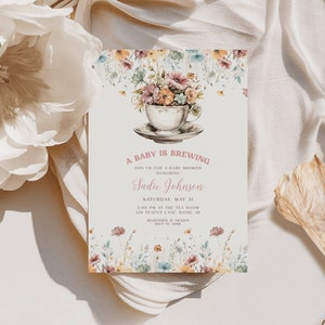A Baby is Brewing Invitation Template | Editable Tea Party Baby Shower Invite | Wildflower Baby Shower  Tea Time S588