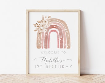 Boho Rainbow Welcome Birthday Sign Template | Modern Pink Rainbow Editable Printable Sign S193