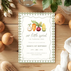 May include: A rectangular invitation with a green and white checkered border. The text "our little sprout - is turning one -" is displayed above the details for Noah's 1st birthday. The invitation features illustrations of smiling vegetables.