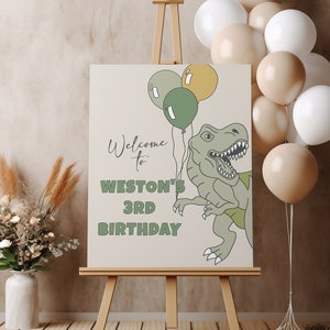 Three Rex Welcome Sign Template | Editable Dinosaur 3rd Birthday Party Decor | 3-Rex Dino Third Birthday Sign S601