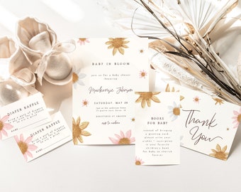 Baby in Bloom Bundle Editable Templates | Wildflower Girl Baby Shower Invitation Package | Pink Flower Baby Shower S448