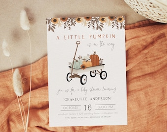 Plantilla de invitación para baby shower de niño con una pequeña calabaza / Invitación editable para baby shower de otoño / Una pequeña calabaza está en camino S321