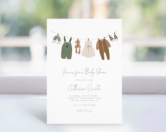 Green Baby Shower Editable Invitation | Gender Neutral Clothesline Baby Sprinkle Template Invite S191
