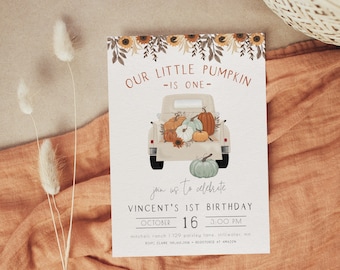 Boy Little Pumpkin Truck  Birthday Invitation Template | Fall 1st Birthday Editable Invite | Our Little Pumpkin is One S322