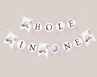 Hole in ONE Golf Banner Template | Editable Girl Golf 1st Birthday Printable Pennant Sign | Pink Hole in One Bday Par-tee Decor S467