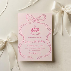 Bow 6th Birthday Invitation Template in Preppy Pink