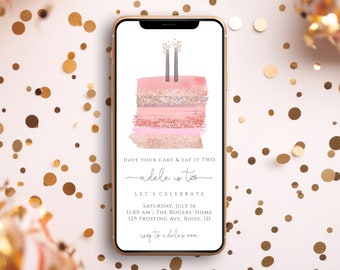 May include: A pink and gold birthday invitation with a watercolor cake design. The text reads "Have your cake & eat it two - Adele is two - Let's Celebrate - Saturday, July 16 - 11:00 AM | The Rogers Home - 129 Frosting Ave, Boise, ID - RSVP to adeles mom"