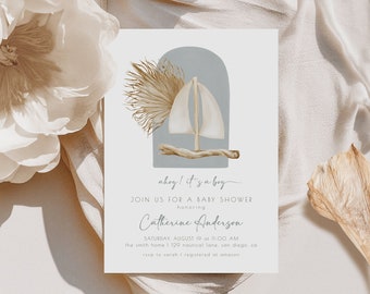 Editable Nautical Baby Shower Invitation Template | Ahoy! It's a Boy Sailboat Baby Shower Invite S611