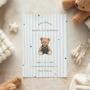 bear 1st birthday invitation template - editable digital download