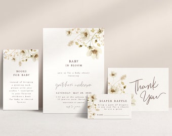 Baby in Bloom Bundle Editable Templates | Wildflower Baby Shower Invitation Package | Gender Neutral Flower Baby Shower S446
