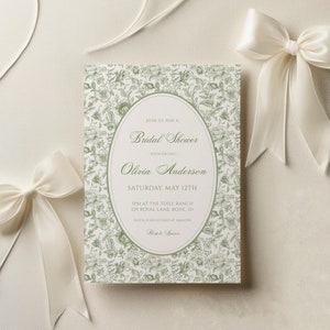 Green Chinoiserie Bridal Shower Invitation Template | Editable Pastel Toile de Jouy Wedding Shower Invite S767