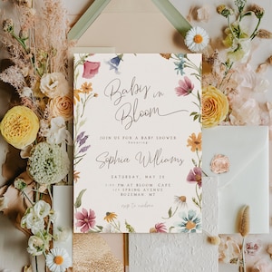 Baby in Bloom Baby Shower Invitation Template | Editable Girl Wildflower Baby Shower Invite | Floral Invitation S445