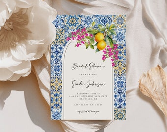 Editable Mediterranean Bridal Shower Invitation Template | Blue Tile Wedding Shower Invite | Almafi Coast Lemon Italian Invite S509