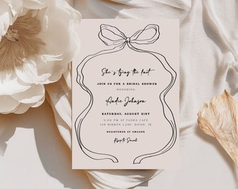 Editable Bow Coquette Bridal Shower Invitation Template | She's Tying the Knot Bow Wedding Shower Invite S643