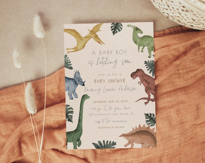 Dinosaur Baby Shower Invitation Editable Template A Baby Boy is Hatching Soon Muted Dino Baby Sprinkle Invite S230