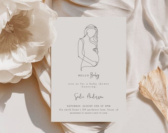 Editable Baby Shower Invitation Template | Elegant Pregnant Belly Silhouette Invite | Gender Neutral Pregnancy Outline Art S635