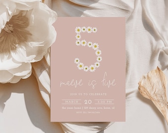 Wildflower 5th Birthday Invitation for Girl | Daisy Pink Fifth Bday Editable Template Wildflower is Five Invite S235