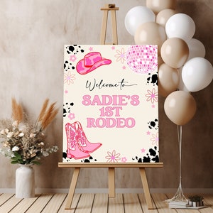 1st Rodeo Birthday Welcome Sign | Editable Disco Cowgirl First Birthday Party Welcome Decor | Western Sign Template S536