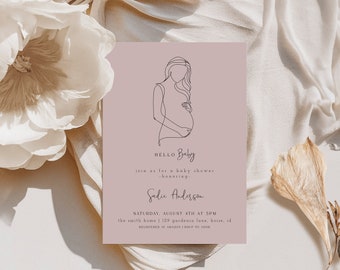 Editable Girl Baby Shower Invitation Template | Elegant Pregnant Belly Silhouette Invite | Pink Pregnancy Outline Art S637