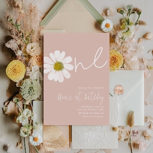 Invito modificabile per il primo compleanno di Daisy / Invito stampabile per il primo compleanno di Wildflower Girl / UNO rosa e bianco floreale S235
