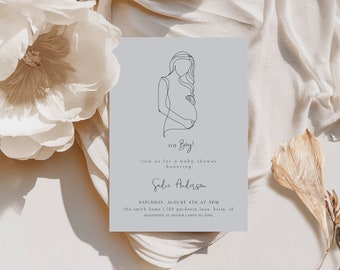 Editable Boy Baby Shower Invitation Template | Elegant Pregnant Belly Silhouette Invite | Oh Boy Pregnancy Outline Art S636
