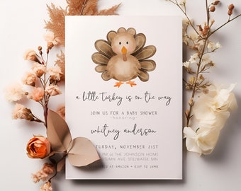 A Little Turkey Baby Shower Invitation Template | Editable Little Turkey is on the Way Fall Thanksgiving Baby Shower Invite S337