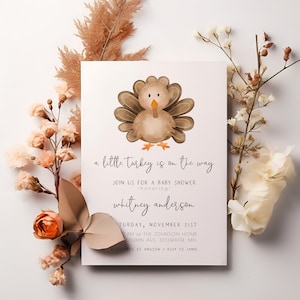 A Little Turkey Baby Shower Invitation Template | Editable Little Turkey is on the Way Fall Thanksgiving Baby Shower Invite S337