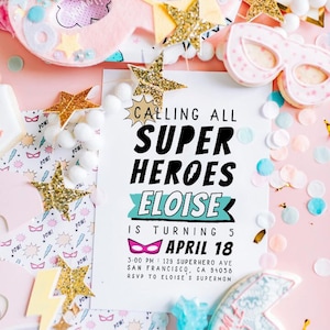 Superhero Girl Birthday Invitation Template | Modern Pink Superhero Editable Printable Invite | Girl Masks Bday Invite S254