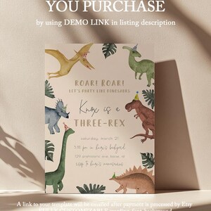 Dinosaur 3rd Birthday Invitation - Editable Three Rex Invite Template - Roar Boy Muted Dino Birthday Party S599 image 4