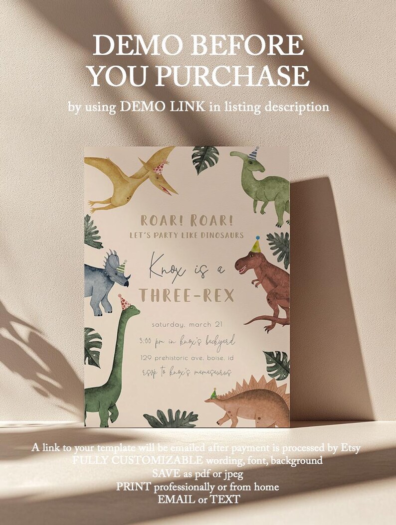 Dinosaur 3rd Birthday Invitation - Editable Three Rex Invite Template - Roar Boy Muted Dino Birthday Party S599 image 4