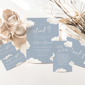 Cloud 9 Boy Baby Shower Bundle Editable Templates | We&#39;re on Cloud Nine Baby Shower Printable Package | Blue Cloud 9 Set S522